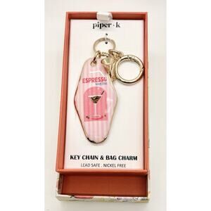 Piper K Espresso Martini Keychain Bag Charm Motel Key Shape Pink NIB 5x1.5"